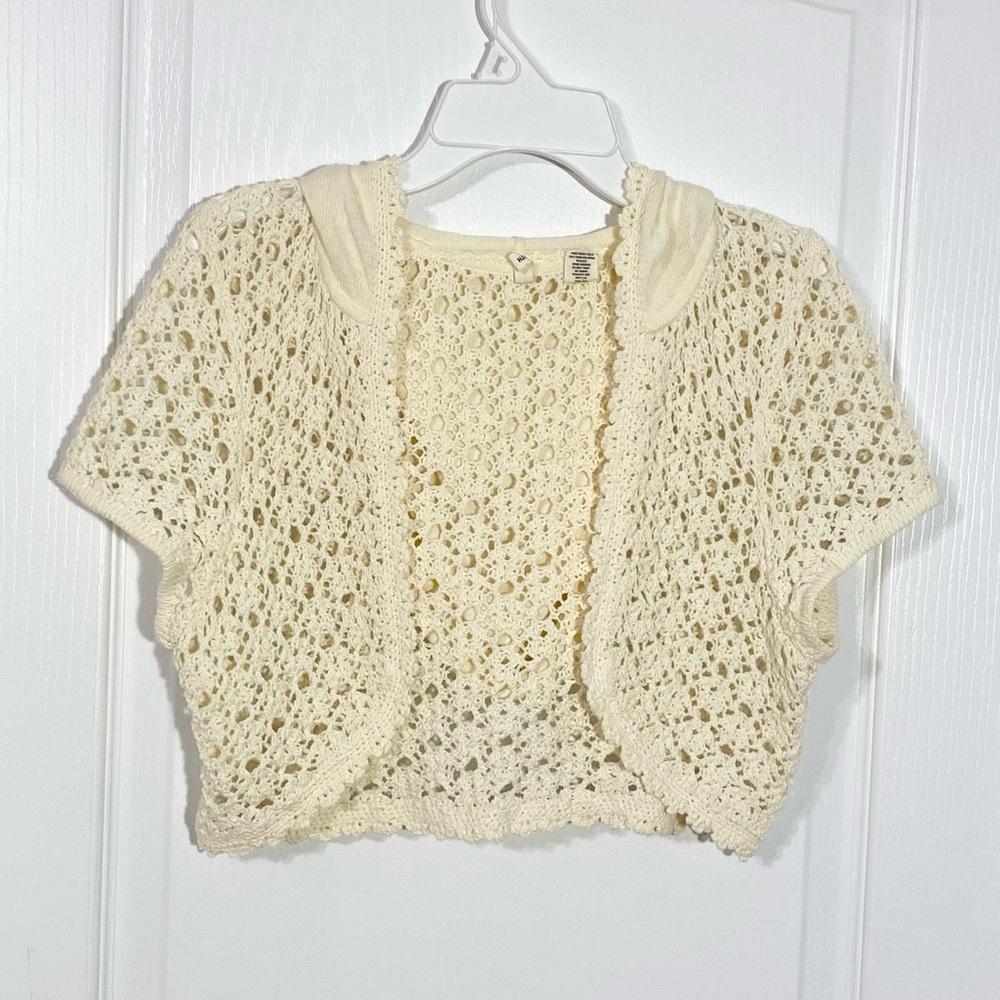 Anthro Moth Open Knit Crochet Scalloped Trim Hooded Sweater Shrug Ivory Sz Small